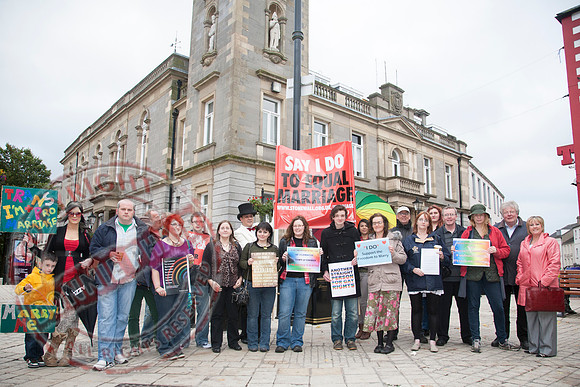 Gay Rights Campaigners protesting outside Enniskillen Townhall in favour of Single Sex Marriage.