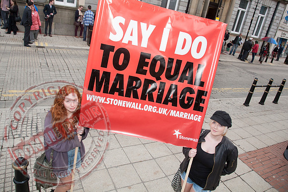 Gay Rights Campaigners protesting outside Enniskillen Townhall in favour of Single Sex Marriage.