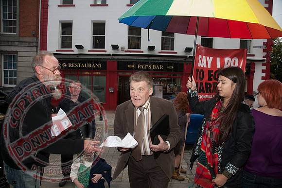 Gay Rights Campaigners protesting outside Enniskillen Townhall in favour of Single Sex Marriage.