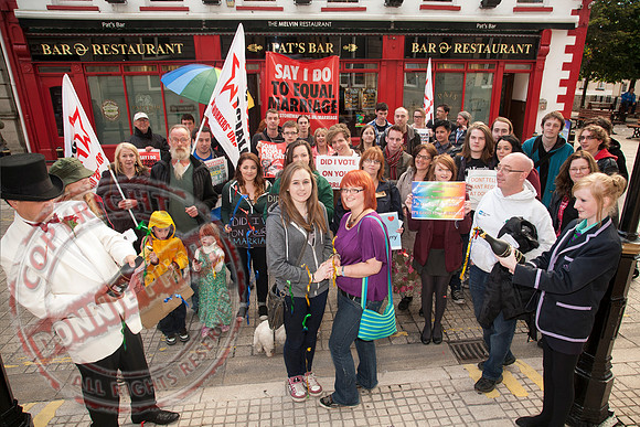 Gay Rights Campaigners protesting outside Enniskillen Townhall in favour of Single Sex Marriage.